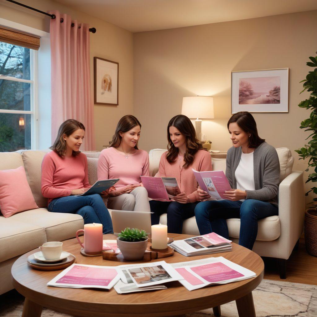 A serene family scene in a cozy living room, showcasing a family of four discussing real estate over a table filled with property brochures and a laptop. Subtle hints of support and encouragement, like a pink ribbon symbolizing cancer awareness, integrated into the decor. Soft, warm lighting to evoke comfort and hope. Blend realistic human expressions with a touch of warmth and familiarity. super-realistic. vibrant colors. cozy atmosphere.