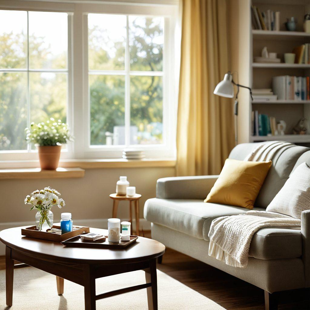 A serene home environment blending medical care with comfort, showcasing a cozy living room with a patient resting on a sofa surrounded by supportive family members. Include medical items subtly placed, such as a pill organizer and a care guide on a side table. Bright sunshine streaming through the window, symbolizing hope and healing. tranquil colors. soft focus.