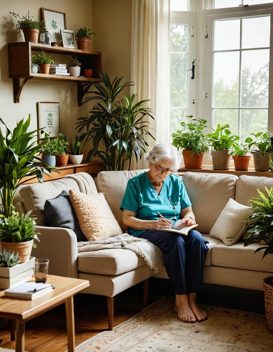 A serene home environment, showcasing a caregiver assisting an elderly patient in a cozy living room filled with plants and comforting decor. Include elements like a caregiver's notebook with housing tips, a soft sofa, and natural light streaming in through a window. The scene should evoke warmth, compassion, and balance between home and care. super-realistic. vibrant colors. natural lighting.